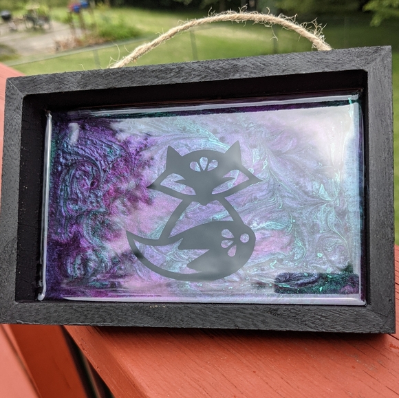 Hand Crafted Other - Fox Art Shadow Box Resin Purple Blue Swirls Wood Canvas Wall Hanging Foxes Cute